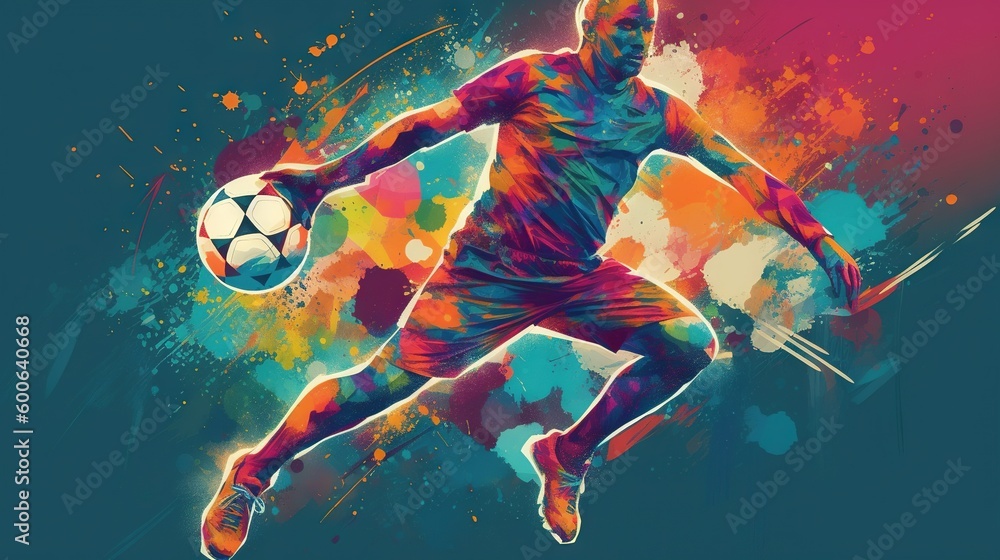 a man with a soccer ball in his hand on a colorful background.  generative ai