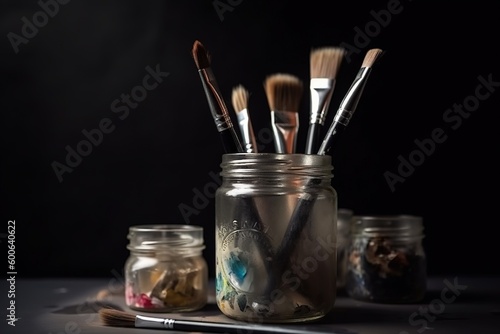  a jar filled with lots of paint brushes next to jars. generative ai