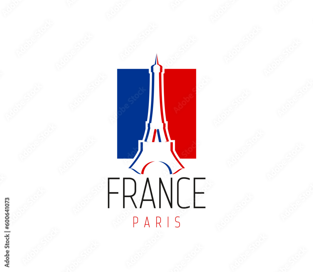 Paris eiffel tower icon. Vector famous landmark and national flag of France. Emblem for travel destination, tour and tourism entertainment with french architecture building. Isolated european monument Paris eiffel tower icon. Vector famous landmark and national flag of France. Emblem for travel destination, tour and tourism entertainment with french architecture building. Isolated european monument