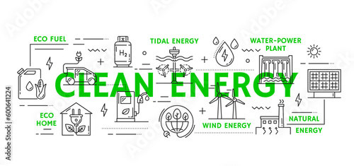 Clean energy concept with vector line eco green environment, ecology, sustainable and recycle technology icons. Outline renewable energy, leaf, eco building, bio fuel, sun panel and wind turbine