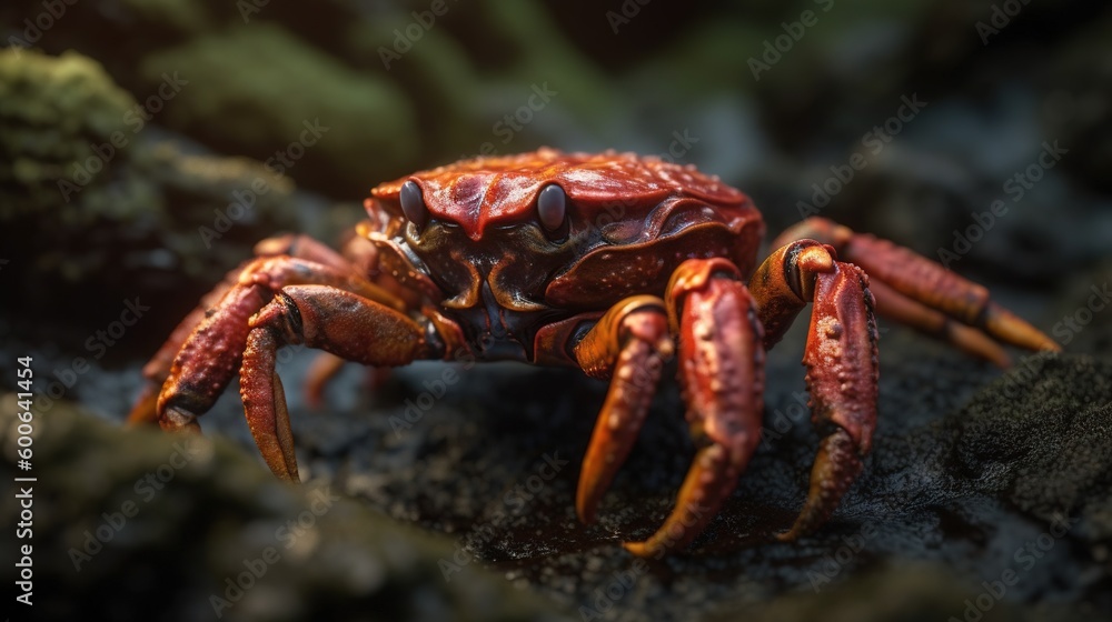  a close up of a red crab on a rocky surface.  generative ai