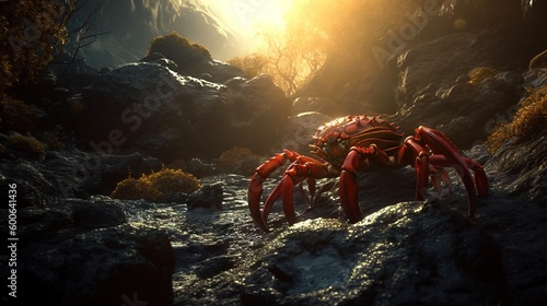  a red crab is walking through a rocky area at sunset. generative ai