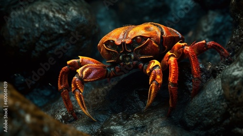 a close up of a crab on a rock near water. generative ai