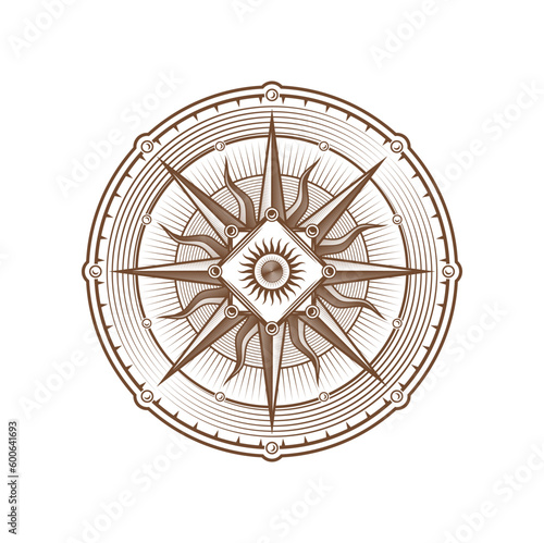 Vintage compass wind rose, Medieval nautical navigation sign, vector marine sailing symbol. Old maritime or sailor seafaring compass for ocean or sea cartography and navigation with wind rose arrows