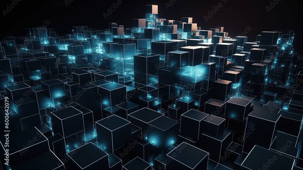 Abstract 3d rendering of cubes, Futuristic background, Network concept.Generative Ai