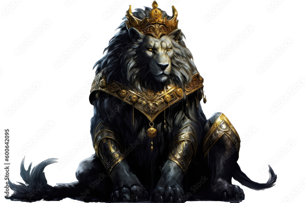 The Royal Black lion with luxury dress costume. Close up Portrait King lion with throne and crown isolated on white background. Generative AI.