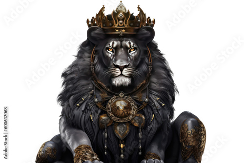 The Royal Black lion with luxury dress costume. Close up Portrait King lion with throne and crown isolated on white background. Generative AI. © TANATPON