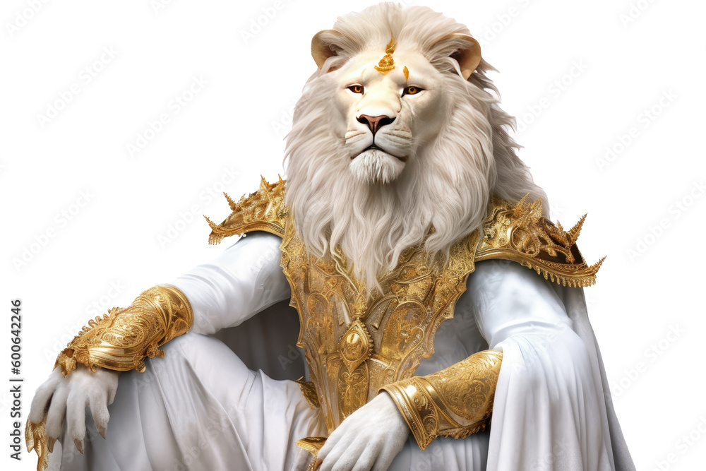 The Royal White lion with luxury dress costume. Close up Portrait King ...