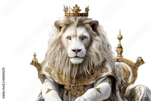 The Royal White lion with luxury dress costume. Close up Portrait King lion with throne and crown isolated on white background. Generative AI.