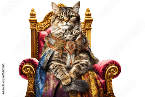 The Royal cat with luxury dress costume. Close up Portrait King cat with throne and crown isolated on white background. Generative AI.