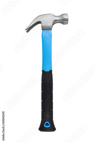 Steel claw hammer with a black and blue handle isolated on a white background.