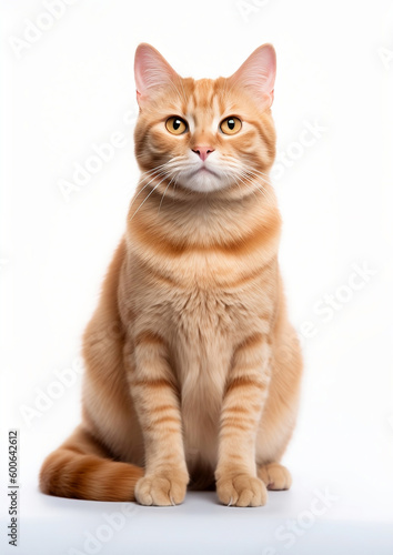 Cute golden orange tabby cat, sitting up facing front. Looking towards camera. Isolated on a white background. 