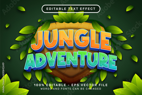 jungle adventure 3d text effect and editable text effect with shield and leaf illustration