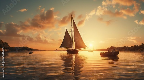  a sailboat sailing on a body of water at sunset. generative ai