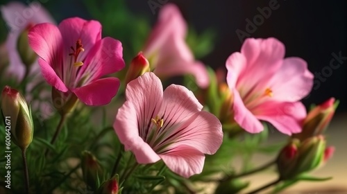  a bunch of pink flowers that are on a wooden table. generative ai