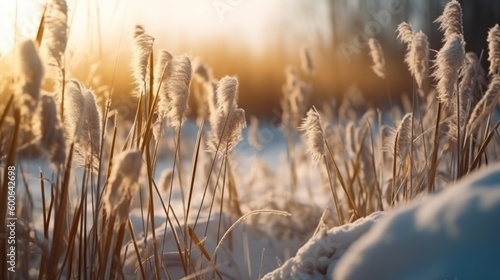  a bunch of snow covered grass in the snow with the sun shining through the grass. generative ai