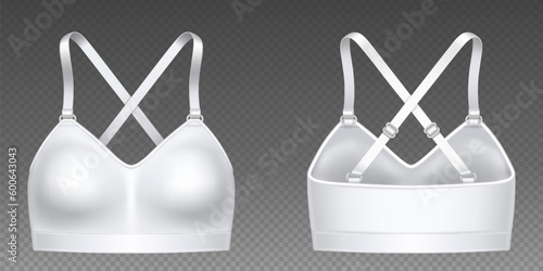 Realistic set of white sports bra isolated on transparent background. Vector illustration of 3D womens underware collection for active lifestyle. Brassiere mockup front and back view. Female fashion