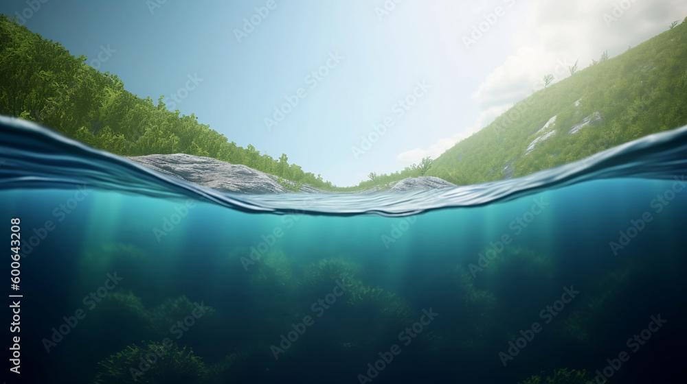 Split image above and below water surface, beautiful landscape - obrazy, fototapety, plakaty 