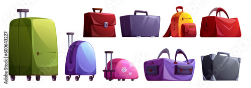 Travel luggage and suitcase vector illustration set. Business case, baggage and backpack cartoon journey isolated clipart collection. Different package design for worldwide trip or vacation.