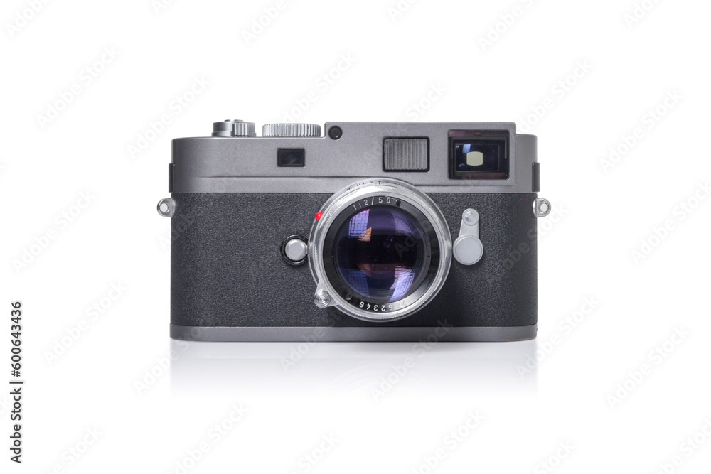 RANGEFINDER photo camera with lens in isolated on white background. vintage camera  technology and photography.