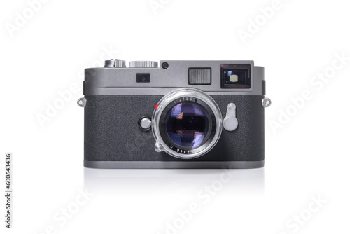 RANGEFINDER photo camera with lens in isolated on white background. vintage camera technology and photography.