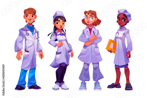 Hospital staff, doctors and nurses team. Medics characters, professional medical workers. Vector cartoon set of diverse people work in hospital or health clinic isolated on white background
