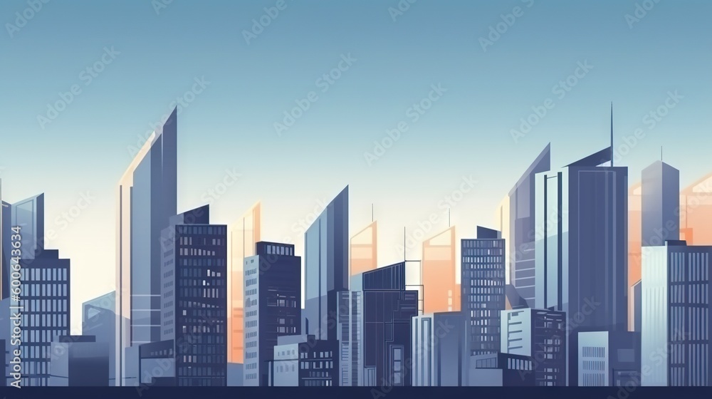  a cityscape with tall buildings and a blue sky.  generative ai