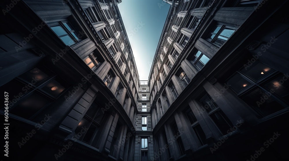  looking up at two tall buildings in a narrow alleyway.  generative ai