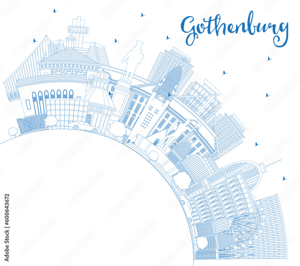 Outline Gothenburg Sweden City Skyline with Blue Buildings and Copy Space. Gothenburg Cityscape with Landmarks.