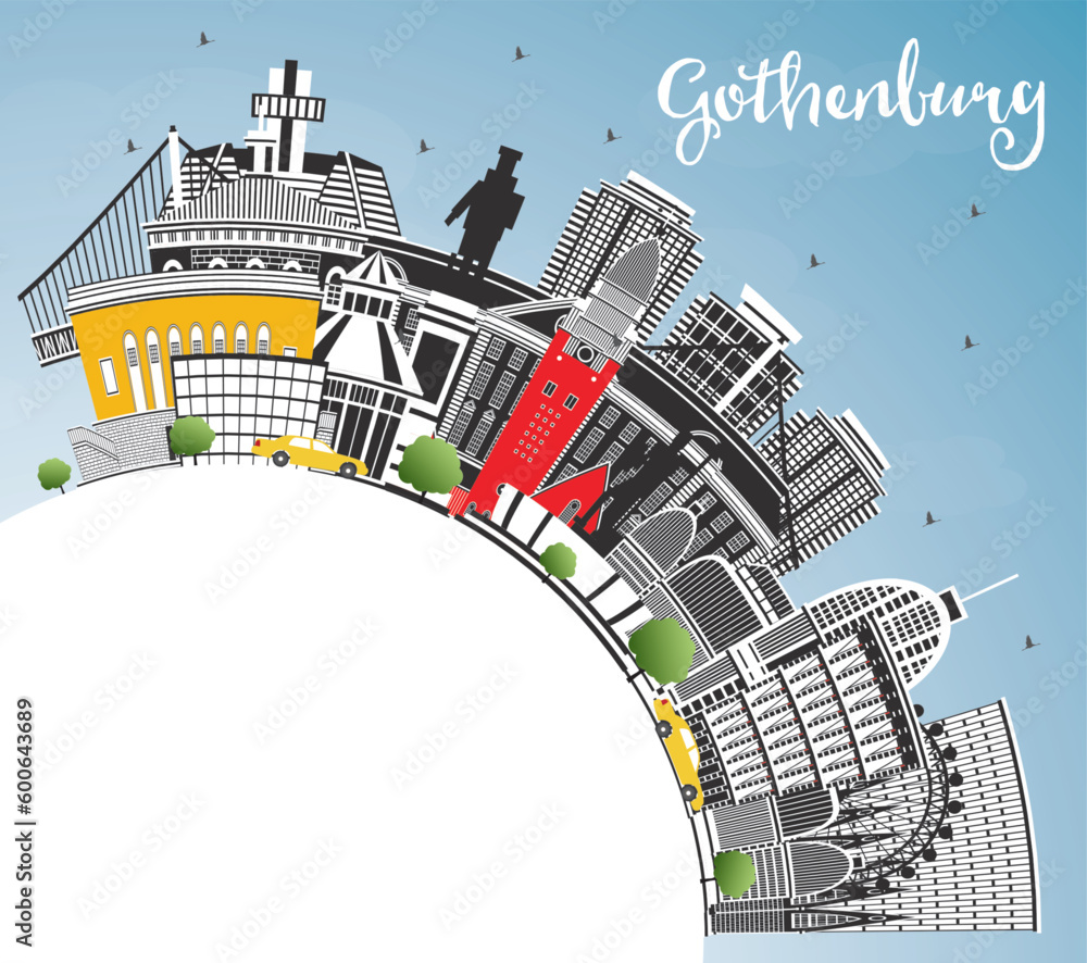 Gothenburg Sweden City Skyline with Color Buildings, Blue Sky and Copy Space. Vector Illustration. Gothenburg Cityscape with Landmarks.