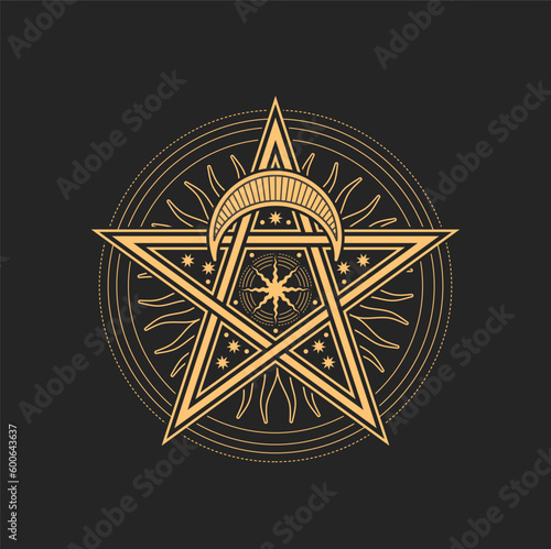 Esoteric and occult pentagram, mason or tarot symbols. Vector sign with star, crescent moon, Sun or stars. Astrological amulet, isolated tarot card spiritual magic talisman or wiccan emblem