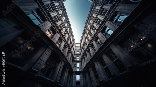  looking up at two tall buildings in a narrow alleyway. generative ai
