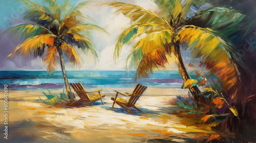  a painting of two chairs on a beach with palm trees. generative ai