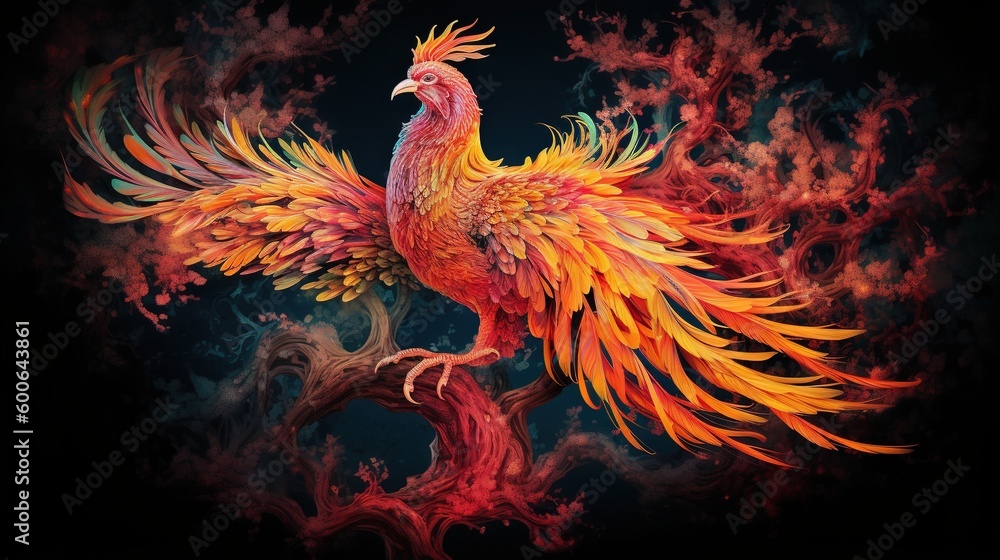  a painting of a colorful bird on a tree branch with red and yellow feathers.  generative ai