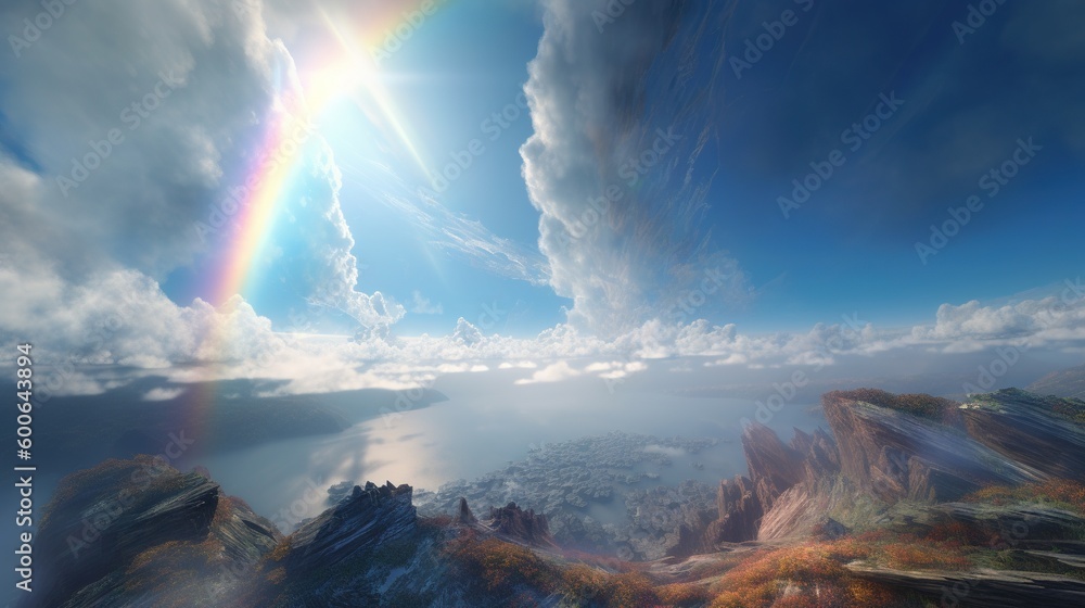  a rainbow appears to be in the sky above a mountain.  generative ai