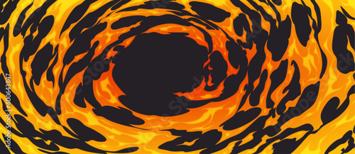 Abstract background with circle fire swirls. Comic effect of blast, explosion, spiral motion with fiery trails, yellow and orange flame, vector cartoon illustration