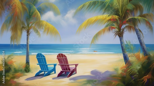  a painting of two chairs on a beach with palm trees. generative ai