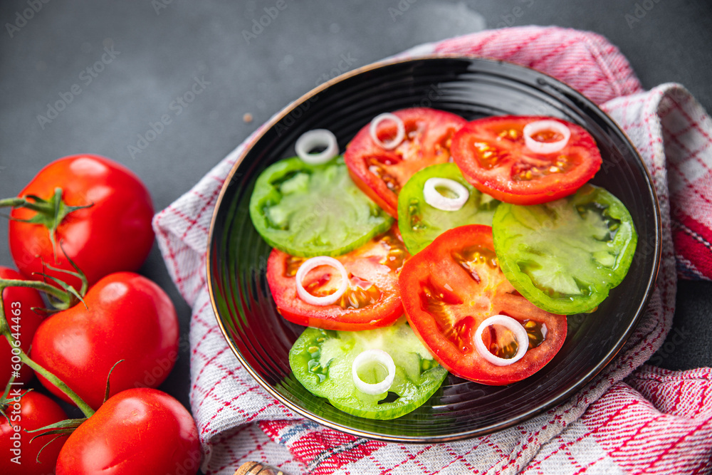 fresh vegetables salad red tomato and green tomato dish healthy meal food snack on the table copy space food background rustic top view keto or paleo diet veggie vegan or vegetarian food fresh vegetables salad red tomato and green tomato dish healthy meal food snack on the table copy space food background rustic top view keto or paleo diet veggie vegan or vegetarian food