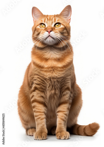 Orange ginger tabby cat looking up. Isolated on white background.