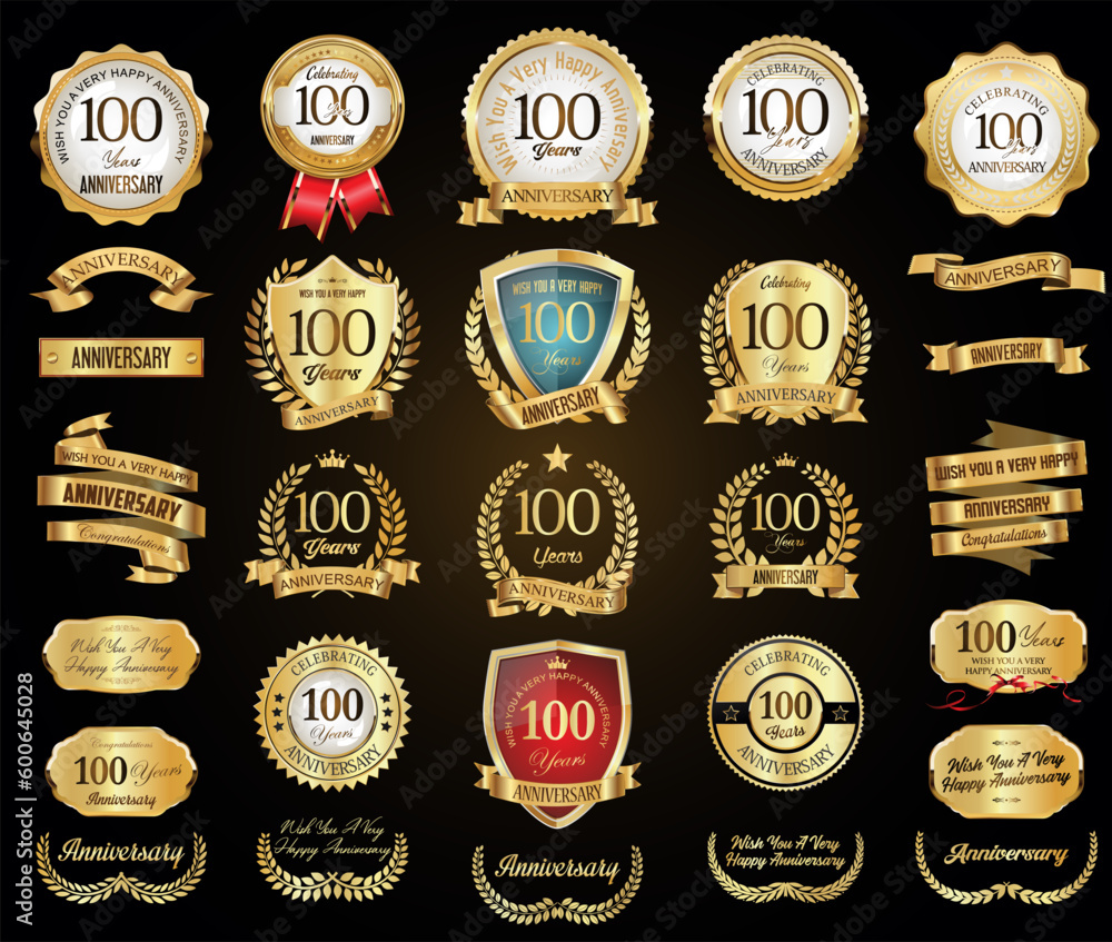 Fototapeta premium Collection of Anniversary gold laurel wreath badges and labels vector illustration