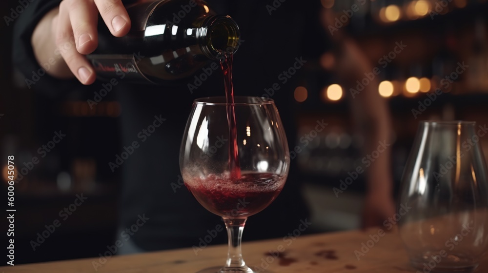 a person pouring red wine into a wine glass at a bar.  generative ai