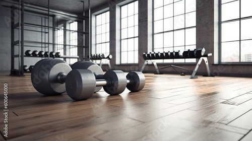 a row of dumbbells in a gym with windows. generative ai