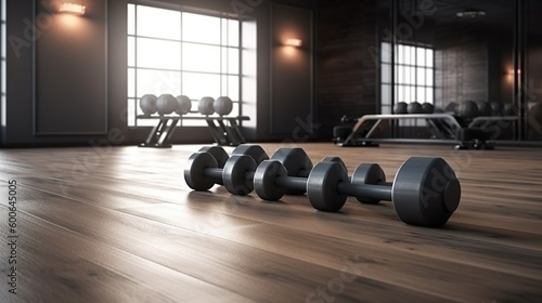  a row of dumbbells in a gym with a window in the background. generative ai