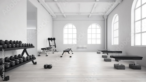  a gym with a row of dumbs and a row of benches.  generative ai