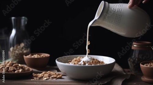  a person pouring milk into a bowl of cereal on a table. generative ai