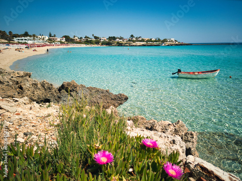 paesaggio estivo, giornata di sole sulla spiaggia. scogliera con i fiori, e mare blu cristallino con una piccola barca ancorata in mare