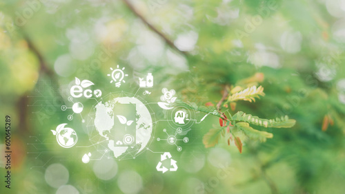 Blured green leave background and Smart technology with Internet of things futuristic agriculture concept, Sustainable energy, Metaverse, AI Futuristic Smart virtual interface.