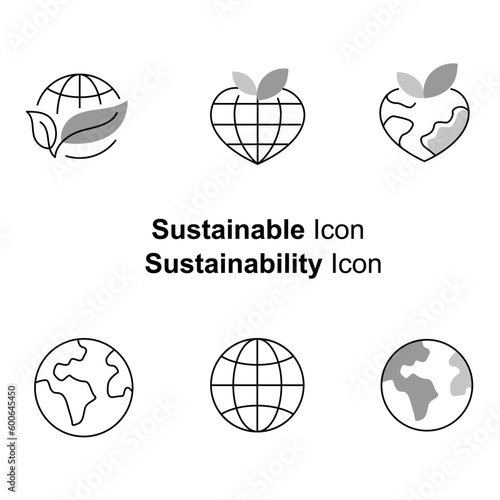 Sustainable living, Eco-friendly practices, Green initiatives, Environmental sustainability, Renewable energy, Waste reduction, Recycling and upcycling vector icons.