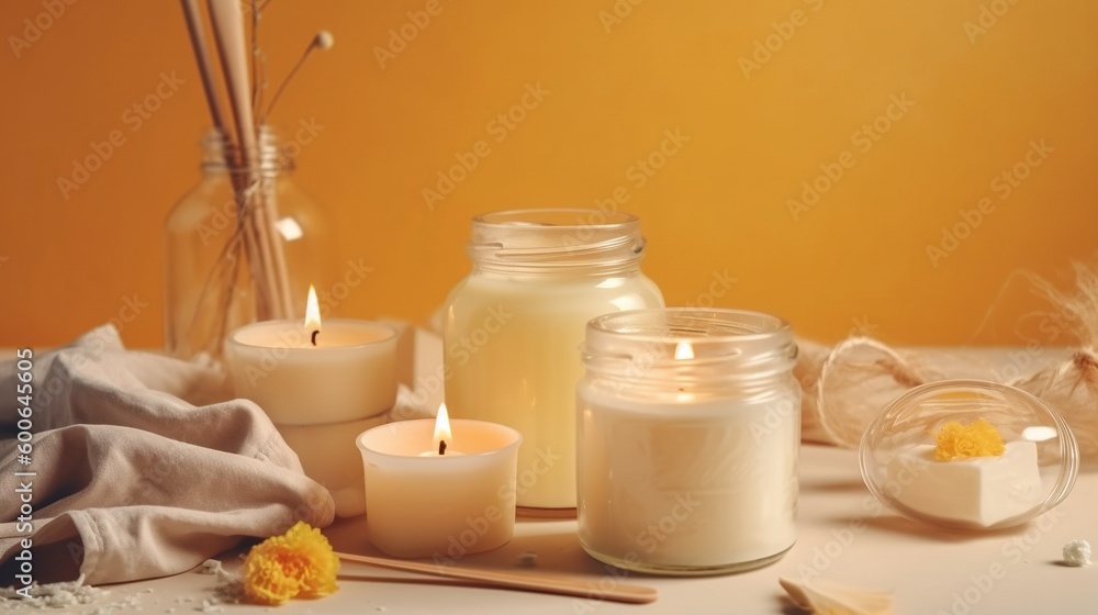 a table topped with lots of candles next to a vase filled with flowers. generative ai a table topped with lots of candles next to a vase filled with flowers. generative ai