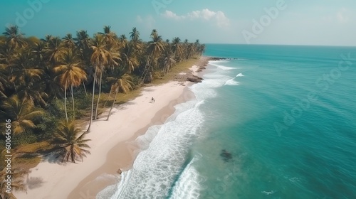  an aerial view of a beach with palm trees and a sandy shore.  generative ai © Shanti